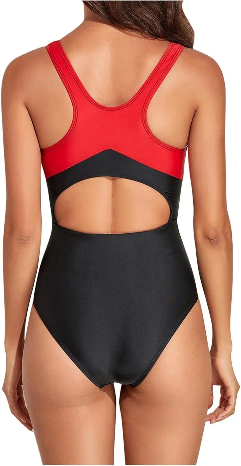 Women's Athletic Swimsuit One Piece Sleeveless Bathing Suit Fashion Colorblock Beach Board Swimwear for Surfing Swimming