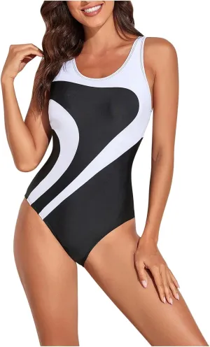 Women's Athletic Swimsuit One Piece Sleeveless Bathing Suit Fashion Colorblock Beach Board Swimwear for Surfing Swimming