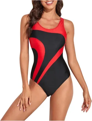 Women's Athletic Swimsuit One Piece Sleeveless Bathing Suit Fashion Colorblock Beach Board Swimwear for Surfing Swimming