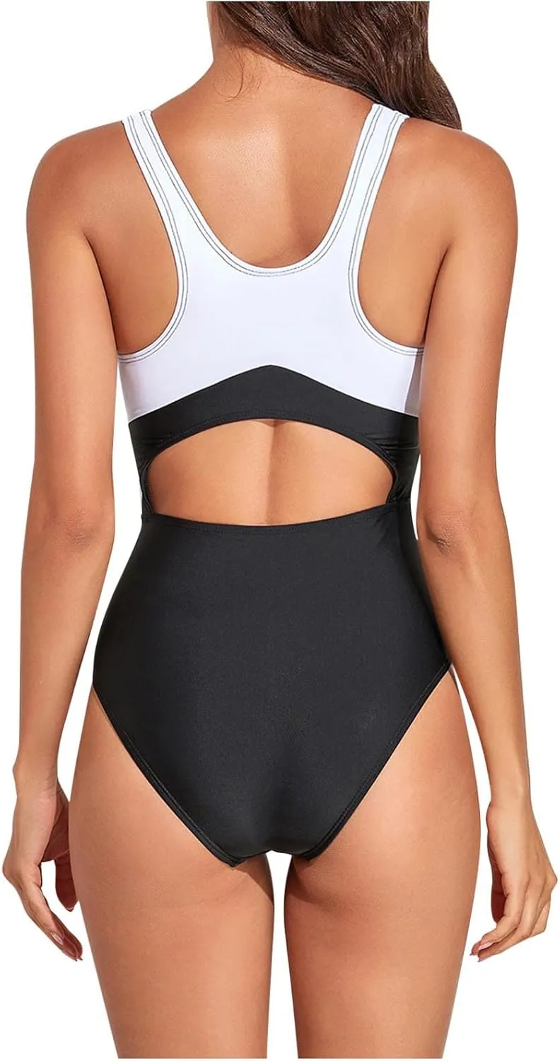 Women's Athletic Swimsuit One Piece Sleeveless Bathing Suit Fashion Colorblock Beach Board Swimwear for Surfing Swimming