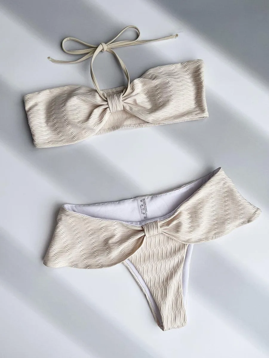 Women's Beige Bow Tie Bikini Set | Chic Swimwear for Pool & Beach