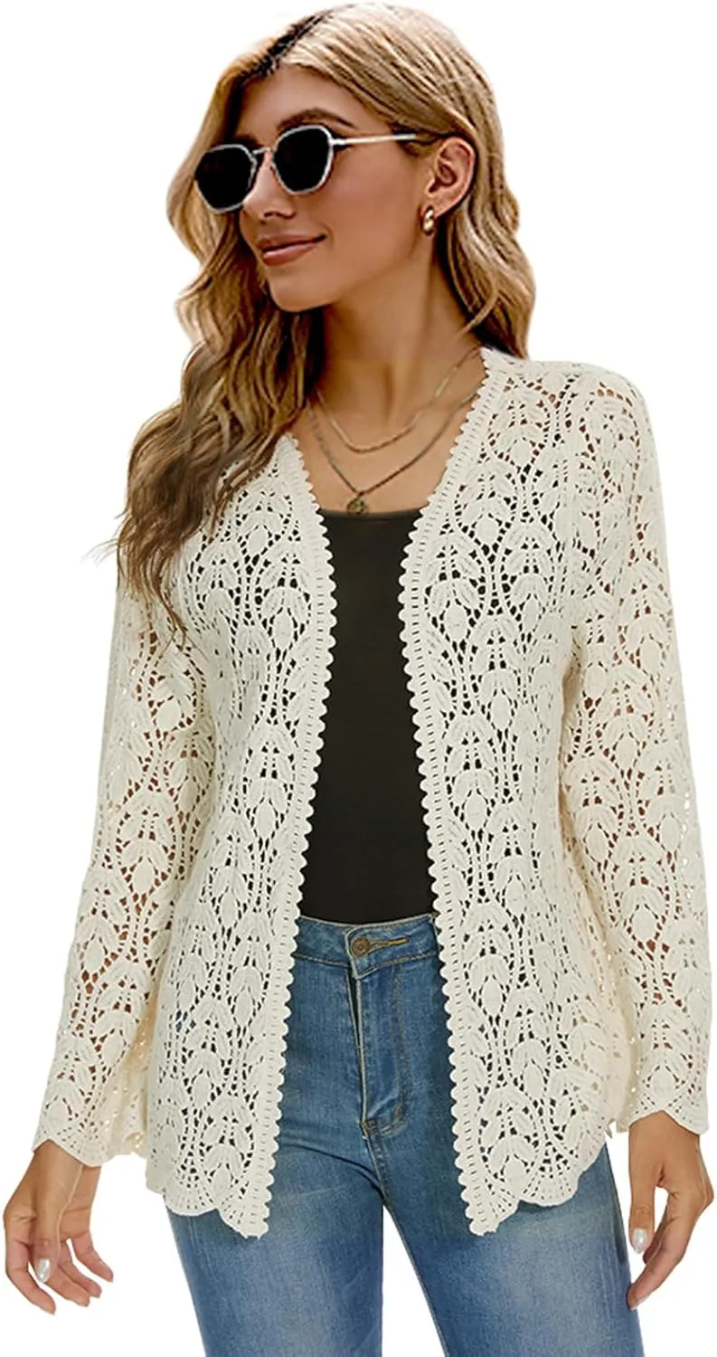 Womens Boho Open Front Cardigan Long Sleeve Loose Knit Lightweight Sweaters (US, Alpha, One Size, Regular, Regular, SYCXWT-Beige)