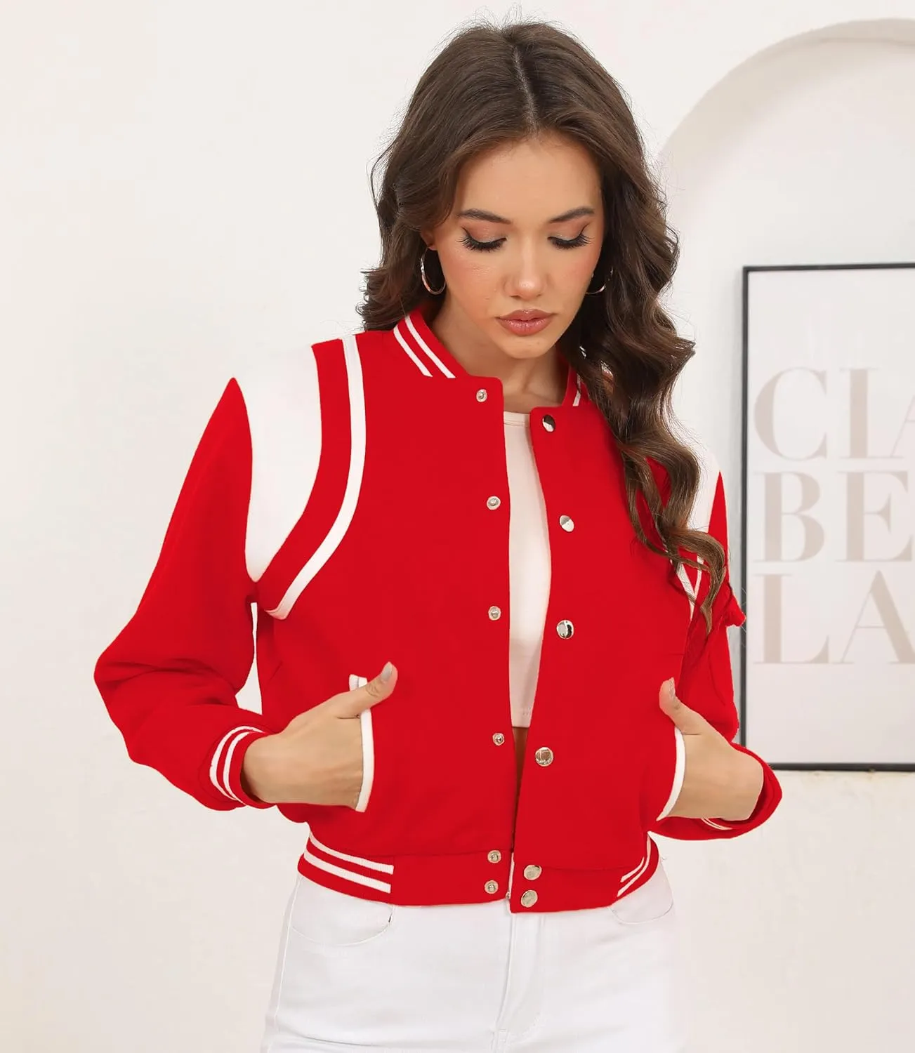 Womens Bomber Varsity Jacket Casual Long Sleeve Letterman Shacket Button Down Cropped Baseball Outerwear