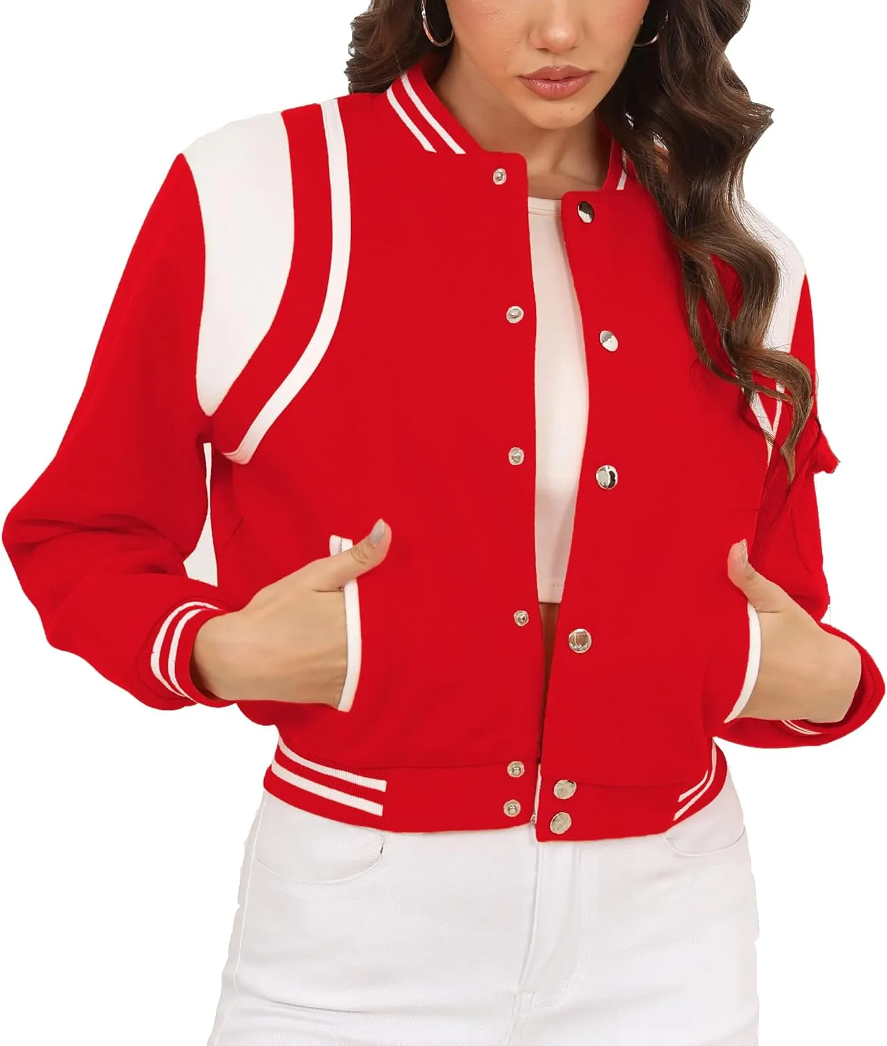 Womens Bomber Varsity Jacket Casual Long Sleeve Letterman Shacket Button Down Cropped Baseball Outerwear