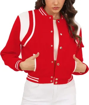 Womens Bomber Varsity Jacket Casual Long Sleeve Letterman Shacket Button Down Cropped Baseball Outerwear