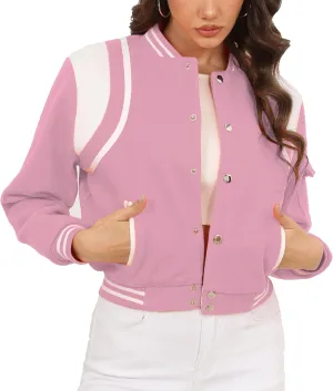 Womens Bomber Varsity Jacket Casual Long Sleeve Letterman Shacket Button Down Cropped Baseball Outerwear