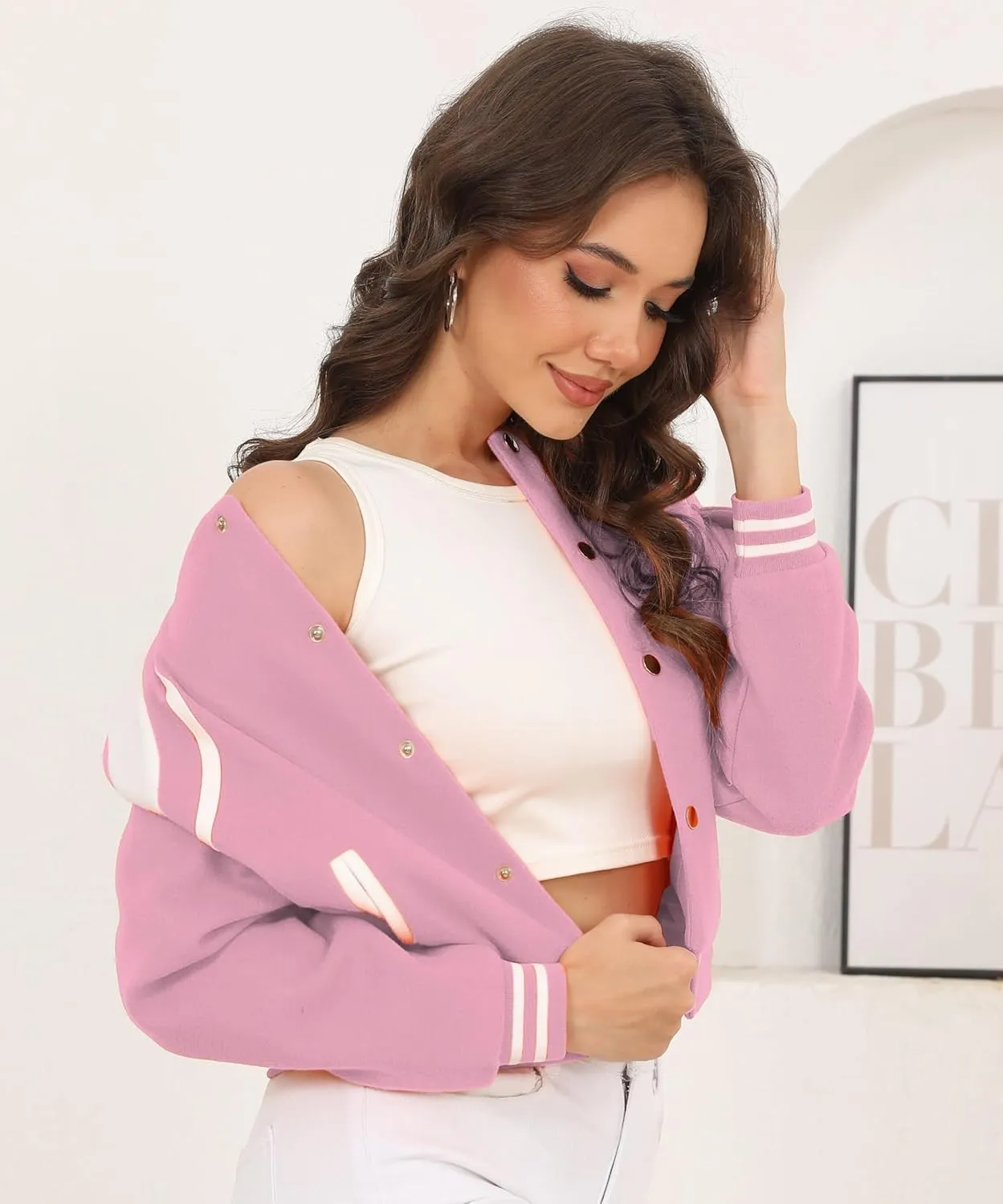 Womens Bomber Varsity Jacket Casual Long Sleeve Letterman Shacket Button Down Cropped Baseball Outerwear