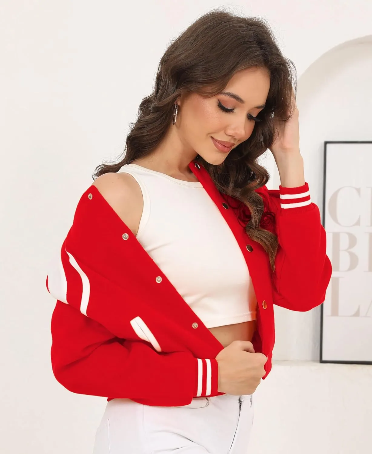 Womens Bomber Varsity Jacket Casual Long Sleeve Letterman Shacket Button Down Cropped Baseball Outerwear