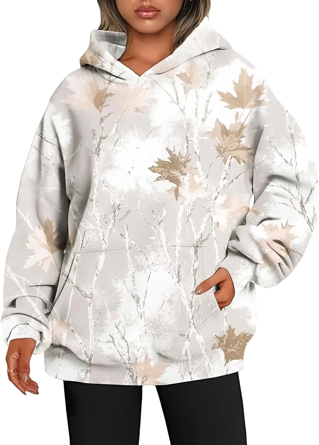 Women's Camo Hoodie Maple-Leaf Print Oversized Sweaters Fleece Casual Long Sleeve Pullover Sweatshirts with Pockets