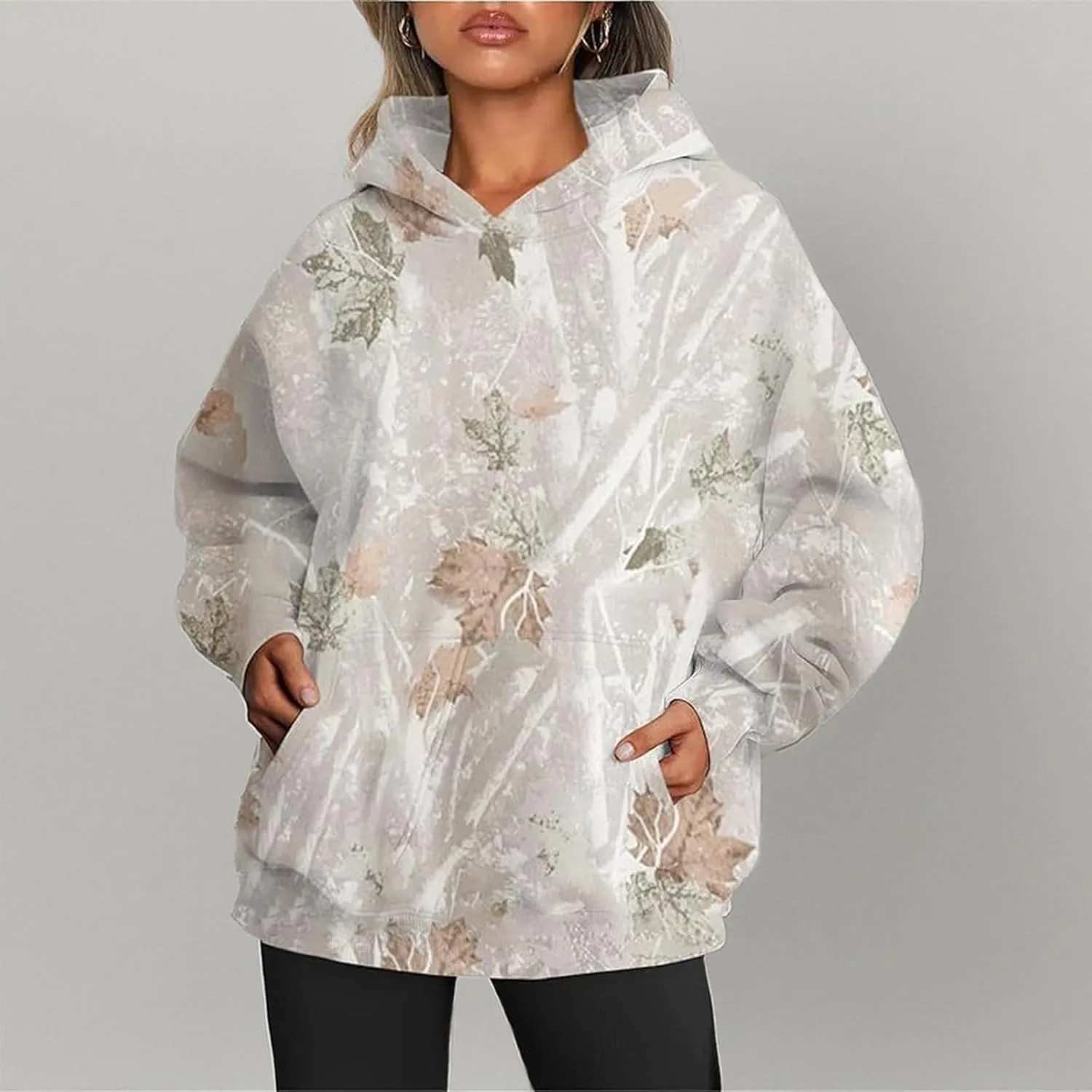 Women's Camo Hoodie Maple-Leaf Print Oversized Sweaters Fleece Casual Long Sleeve Pullover Sweatshirts with Pockets