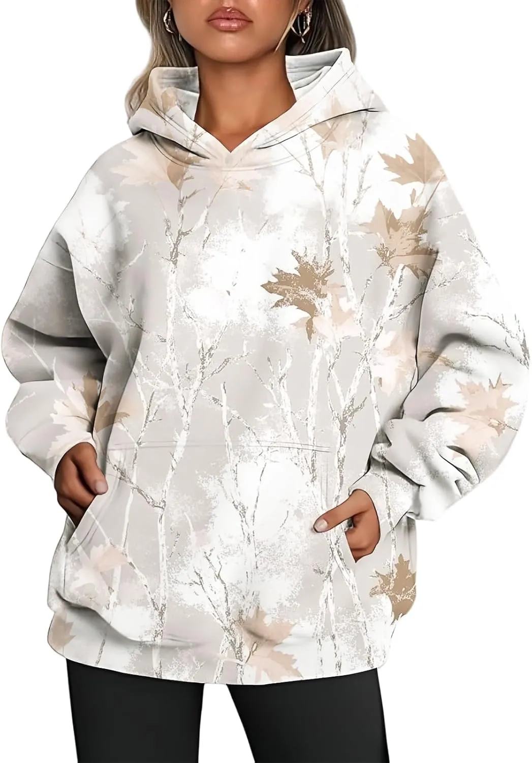 Women's Camo Hoodie Maple-Leaf Print Oversized Sweaters Fleece Casual Long Sleeve Pullover Sweatshirts with Pockets