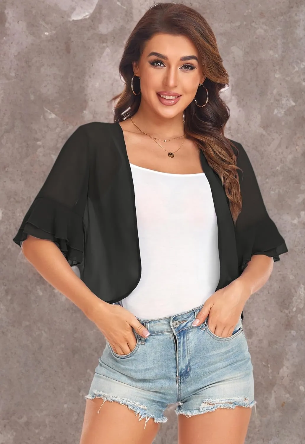 Women's Cardigan Bolero Shrug Ruffle Short Sleeve Open Front Loose Sheer Jackets for Tops