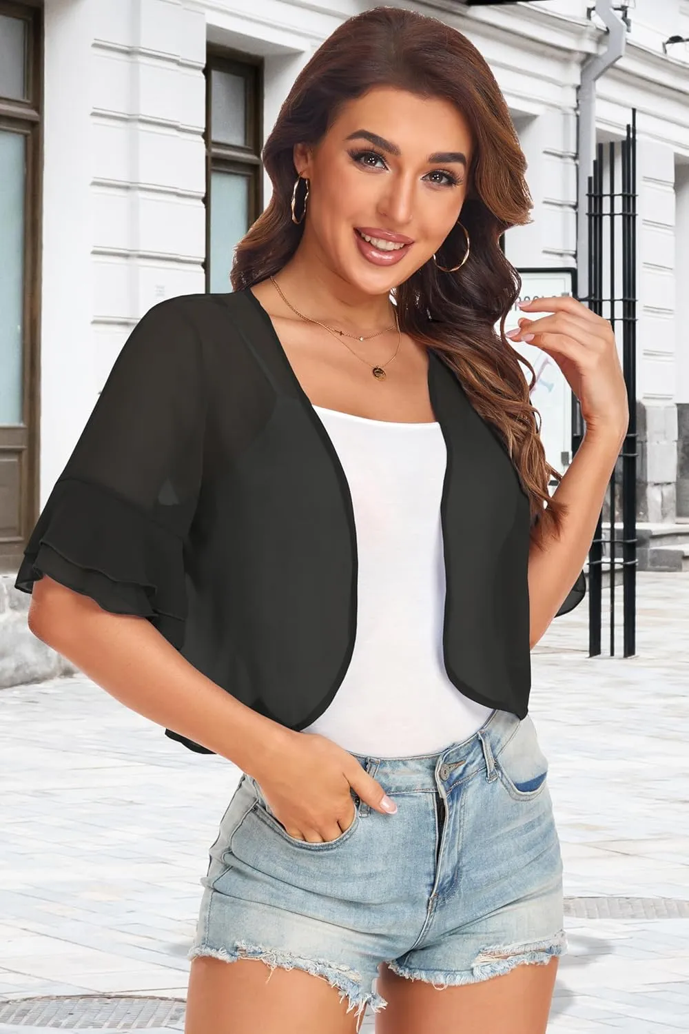 Women's Cardigan Bolero Shrug Ruffle Short Sleeve Open Front Loose Sheer Jackets for Tops