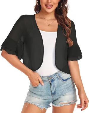Women's Cardigan Bolero Shrug Ruffle Short Sleeve Open Front Loose Sheer Jackets for Tops
