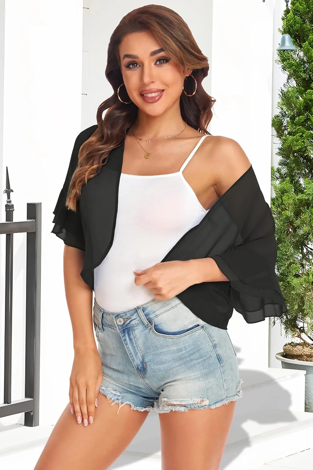 Women's Cardigan Bolero Shrug Ruffle Short Sleeve Open Front Loose Sheer Jackets for Tops