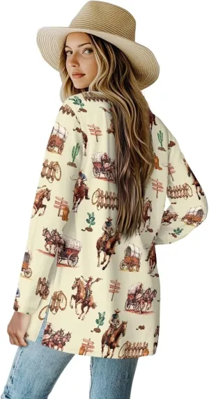 Womens Cardigan Jacket Casual Long Sleeve Coat Loose Lightweight Shirt Jacket Coat Open Front Outerwear with Pockets