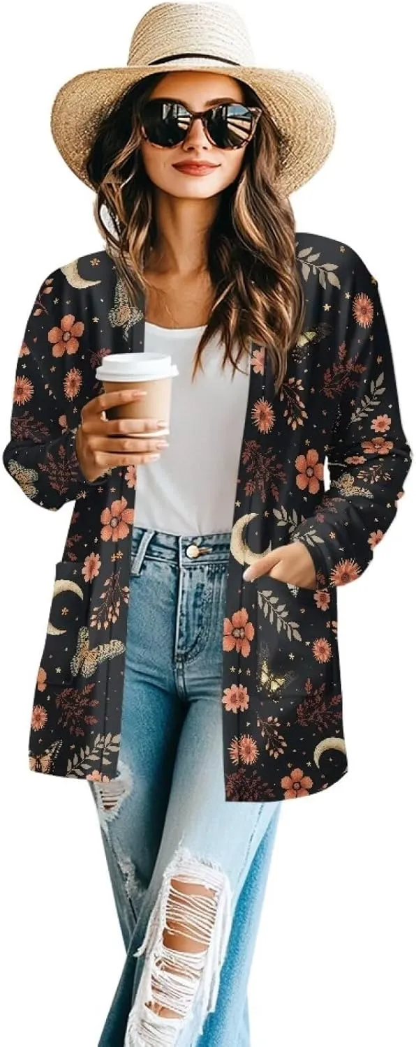Womens Cardigan Jacket Casual Long Sleeve Coat Loose Lightweight Shirt Jacket Coat Open Front Outerwear with Pockets
