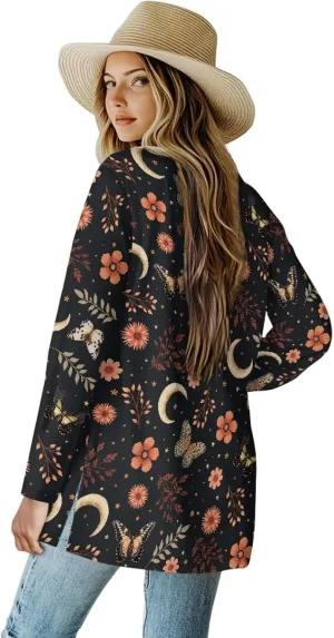 Womens Cardigan Jacket Casual Long Sleeve Coat Loose Lightweight Shirt Jacket Coat Open Front Outerwear with Pockets