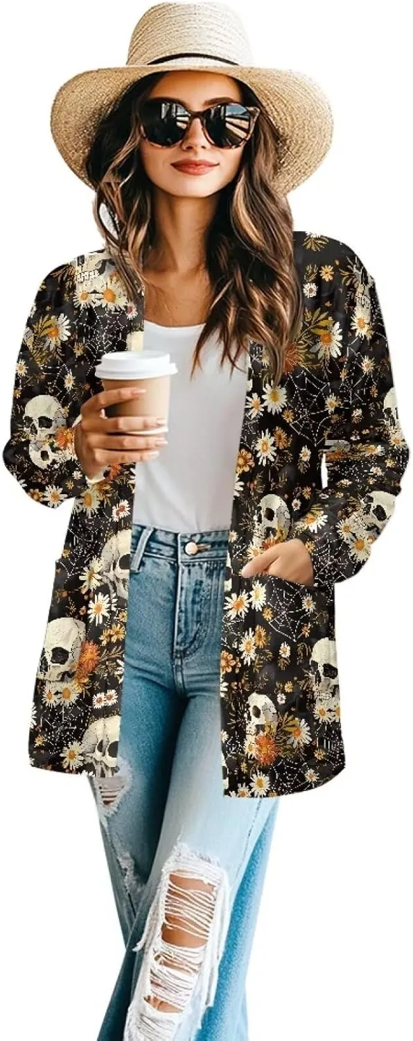 Womens Cardigan Jacket Casual Long Sleeve Coat Loose Lightweight Shirt Jacket Coat Open Front Outerwear with Pockets