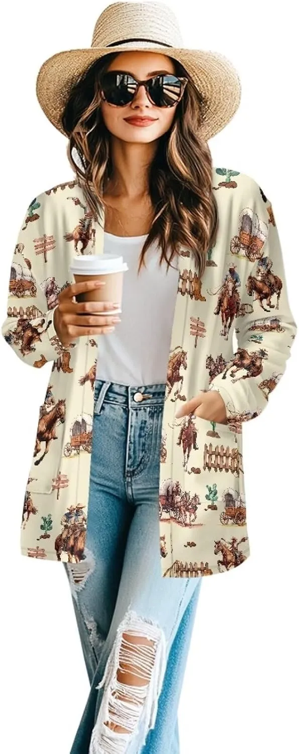 Womens Cardigan Jacket Casual Long Sleeve Coat Loose Lightweight Shirt Jacket Coat Open Front Outerwear with Pockets