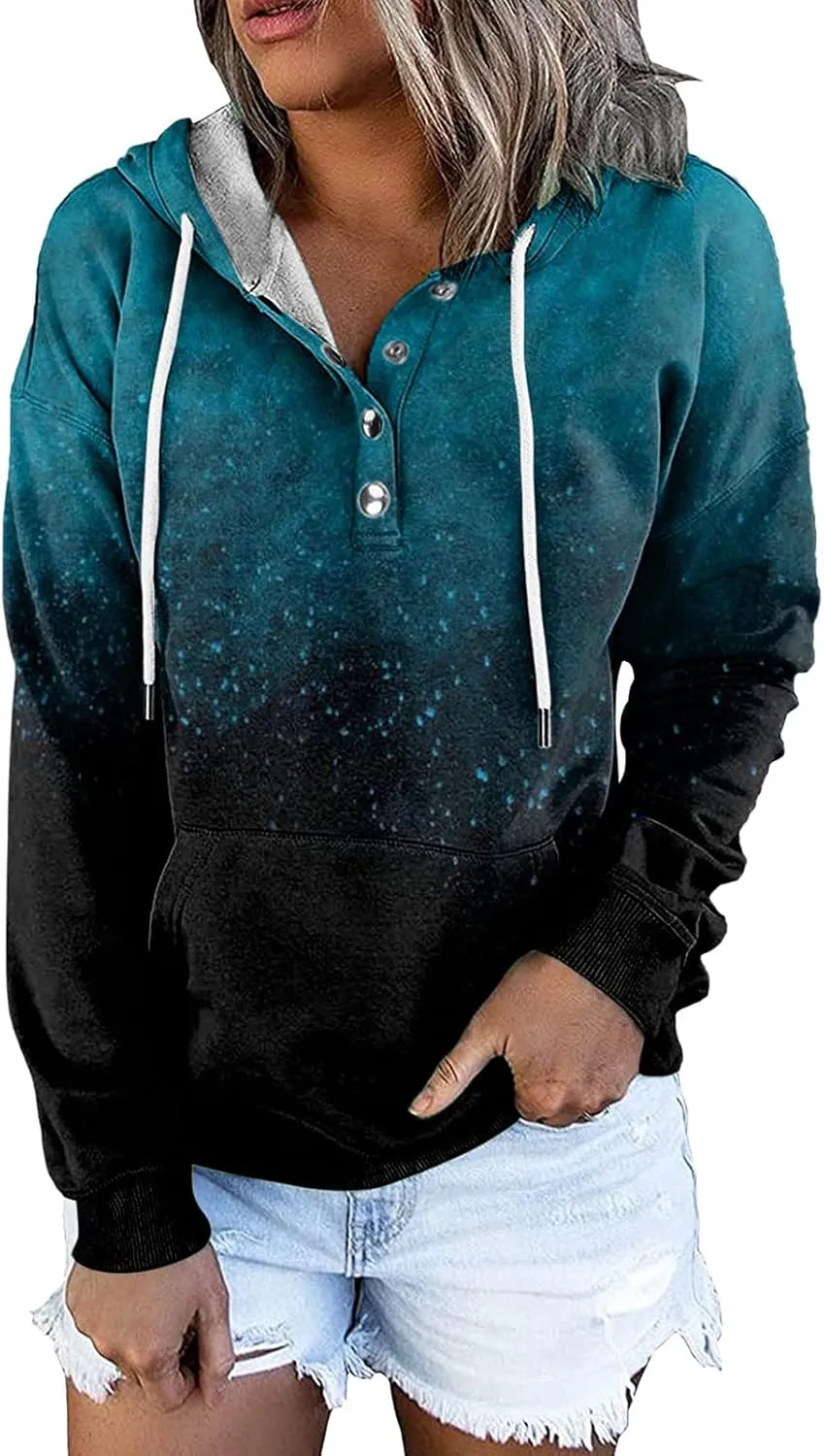 Women's Casual Long Sleeve Hoodies Color Block Button Down Hooded Drawstring Pullover Sweatshirt Tops with Pocket