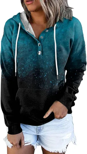 Women's Casual Long Sleeve Hoodies Color Block Button Down Hooded Drawstring Pullover Sweatshirt Tops with Pocket