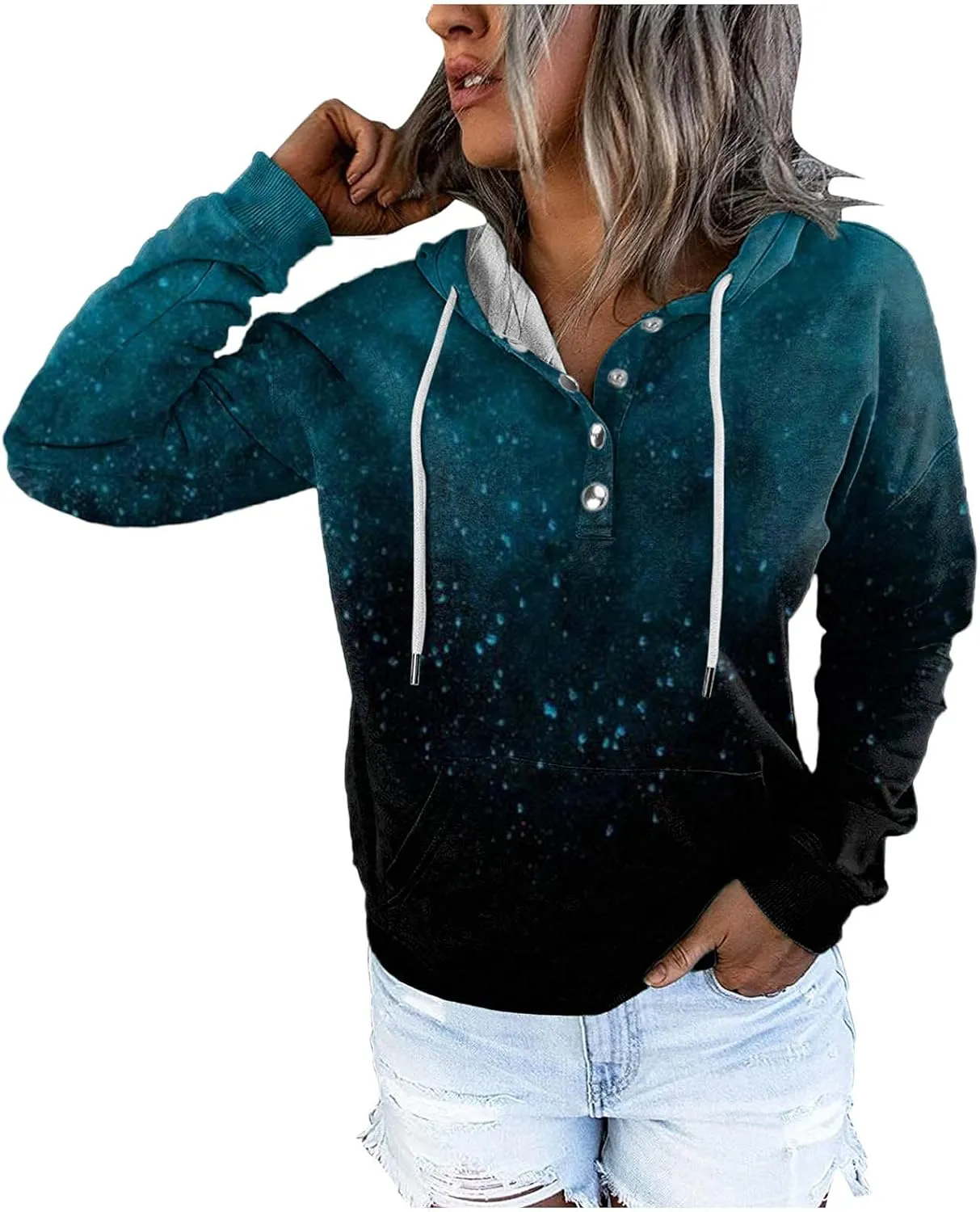 Women's Casual Long Sleeve Hoodies Color Block Button Down Hooded Drawstring Pullover Sweatshirt Tops with Pocket