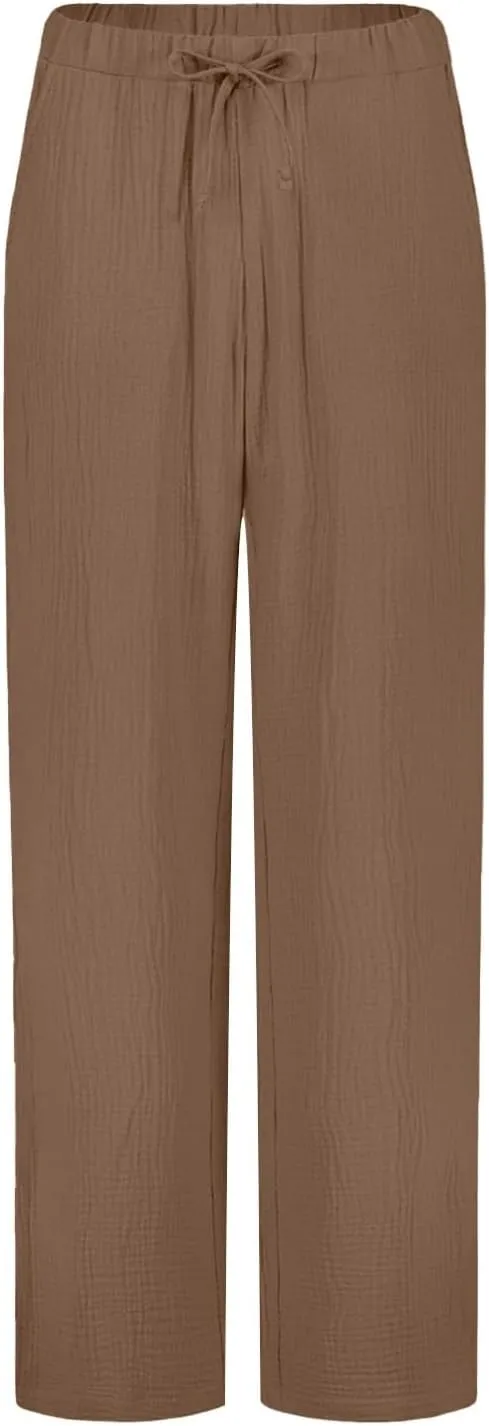 Womens Casual Pants Drawstring Soft Waist Pleated Linen Blend Pants Comfy Wide Leg Straight Pajama Trousers with Pockets