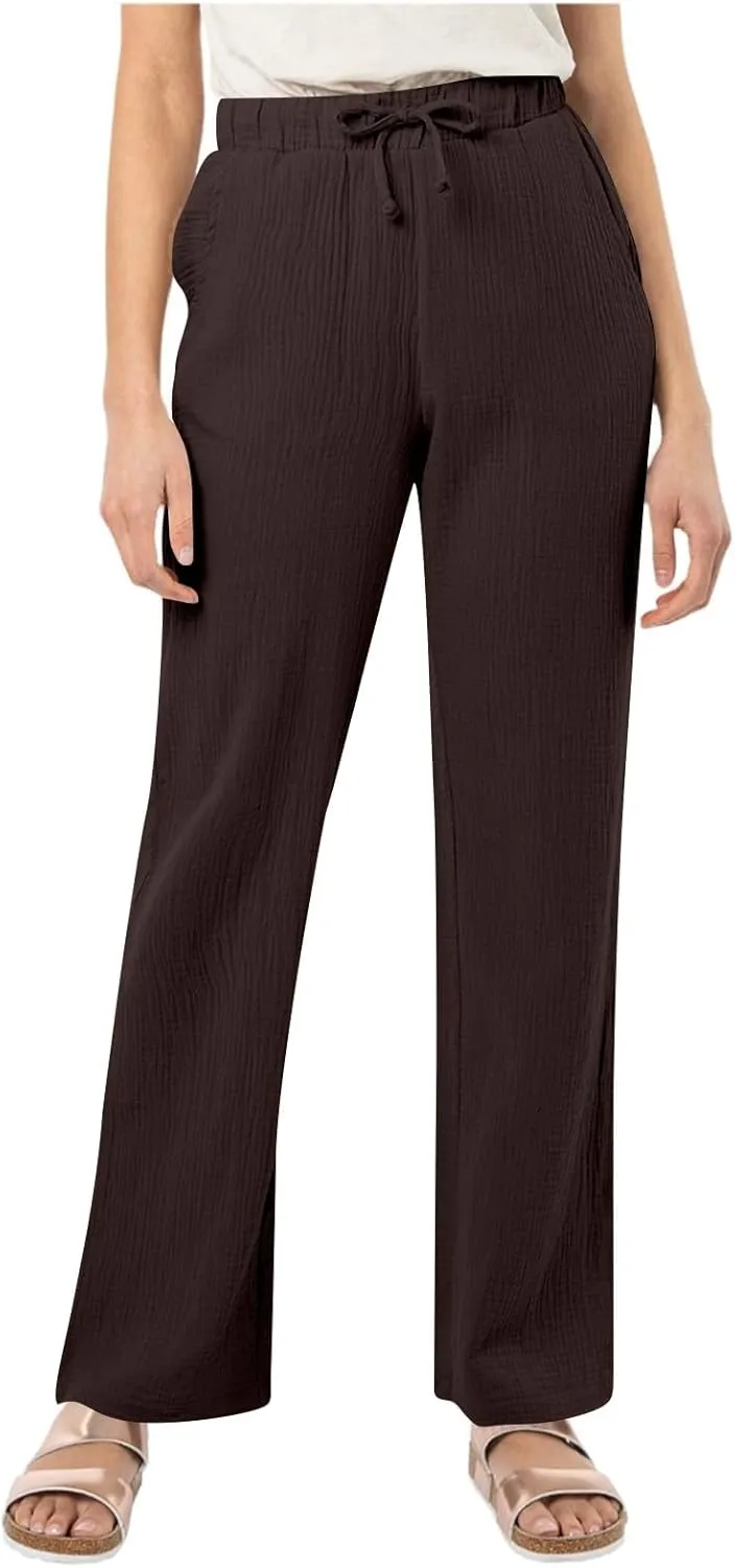 Womens Casual Pants Drawstring Soft Waist Pleated Linen Blend Pants Comfy Wide Leg Straight Pajama Trousers with Pockets