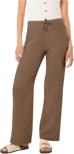 Womens Casual Pants Drawstring Soft Waist Pleated Linen Blend Pants Comfy Wide Leg Straight Pajama Trousers with Pockets