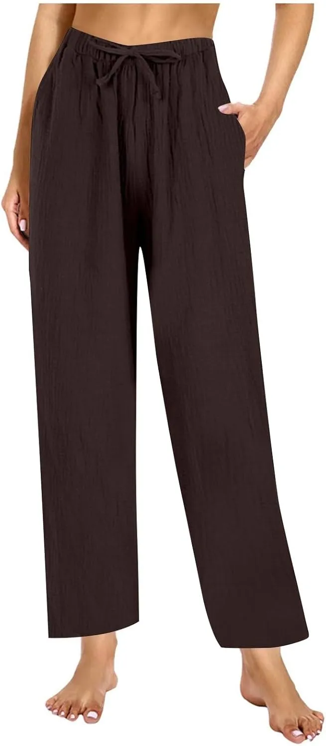 Womens Casual Pants Drawstring Soft Waist Pleated Linen Blend Pants Comfy Wide Leg Straight Pajama Trousers with Pockets