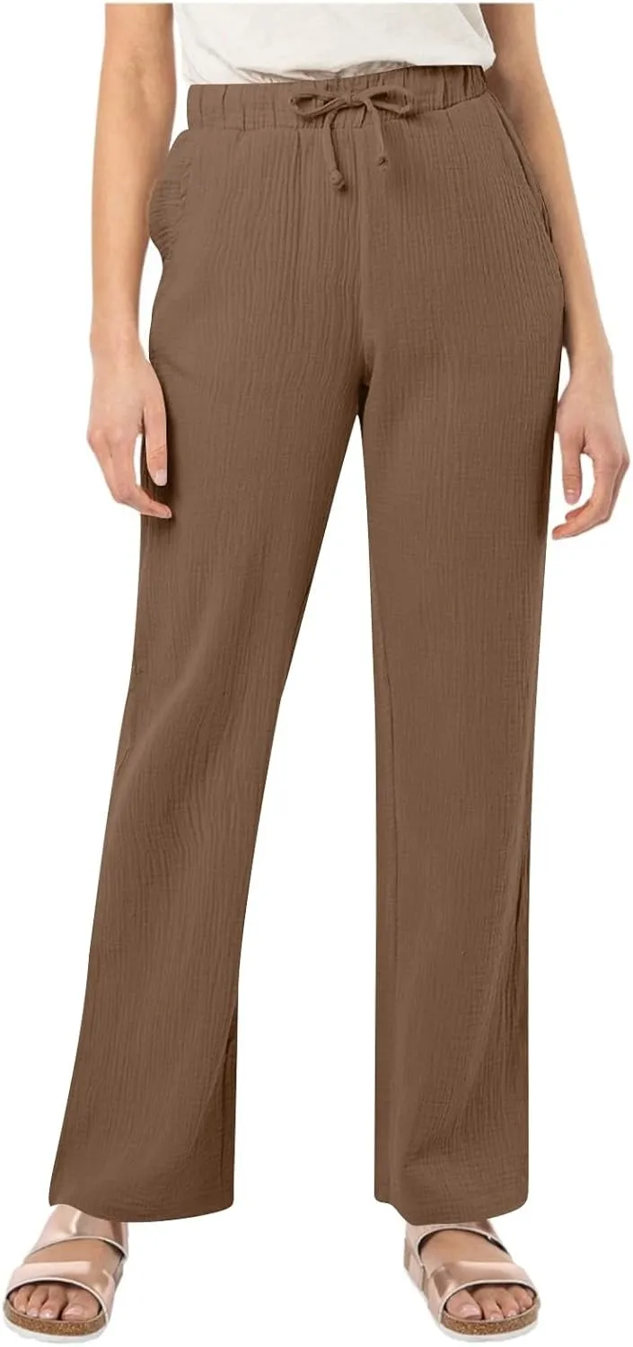 Womens Casual Pants Drawstring Soft Waist Pleated Linen Blend Pants Comfy Wide Leg Straight Pajama Trousers with Pockets