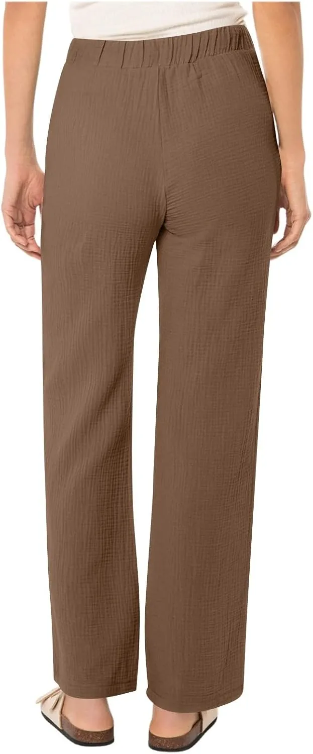 Womens Casual Pants Drawstring Soft Waist Pleated Linen Blend Pants Comfy Wide Leg Straight Pajama Trousers with Pockets