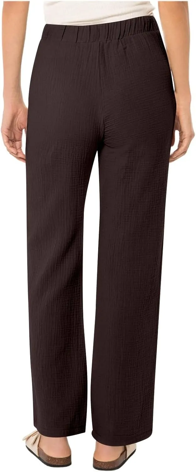 Womens Casual Pants Drawstring Soft Waist Pleated Linen Blend Pants Comfy Wide Leg Straight Pajama Trousers with Pockets