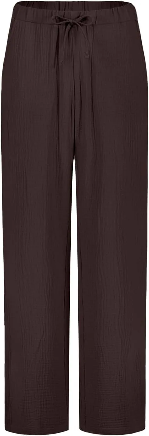 Womens Casual Pants Drawstring Soft Waist Pleated Linen Blend Pants Comfy Wide Leg Straight Pajama Trousers with Pockets