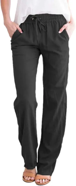 Womens Casual Soft Linen High Waist Pants Drawstring Loose Fit Spring Summer Pants Trousers with Side Pockets