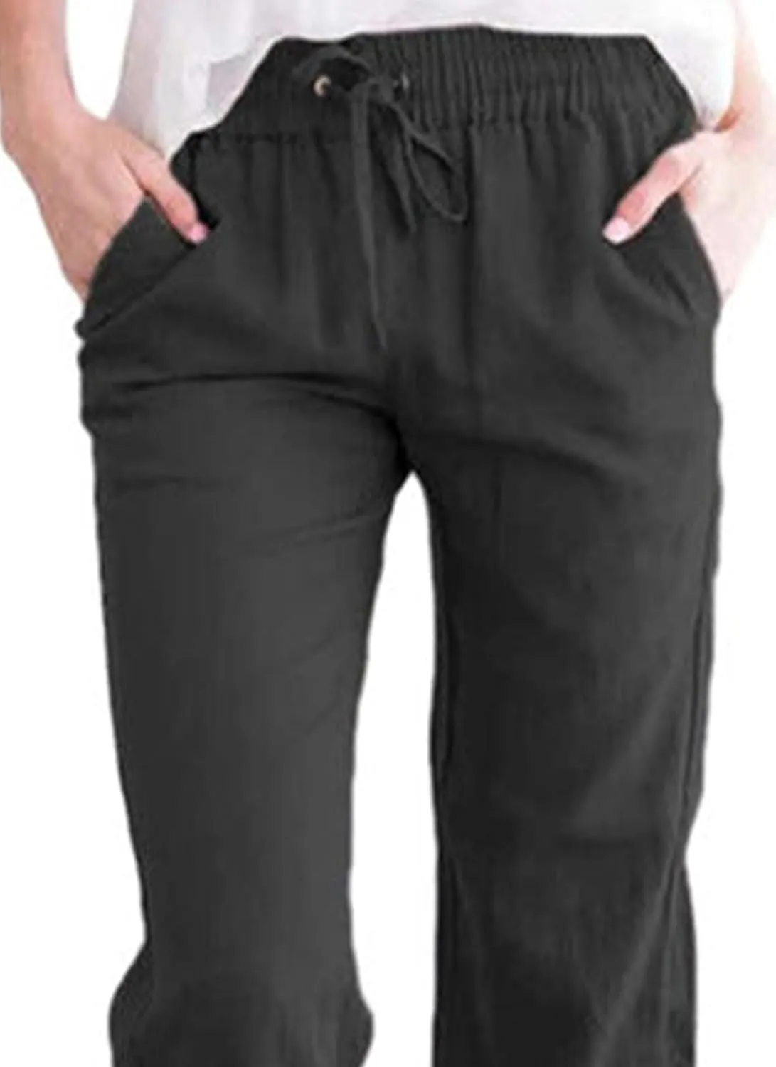 Womens Casual Soft Linen High Waist Pants Drawstring Loose Fit Spring Summer Pants Trousers with Side Pockets