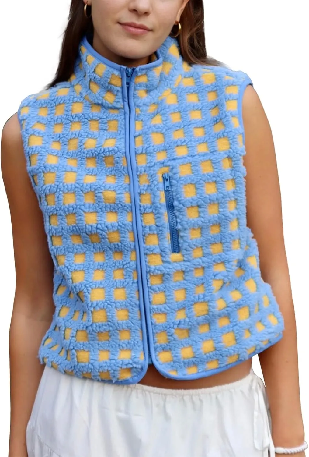 Womens Checkered Sherpa Vest Fleece Jacket Lightweight Zip Up Sleeveless Crochet Plaid Gilet with Pocket (Blue,S)