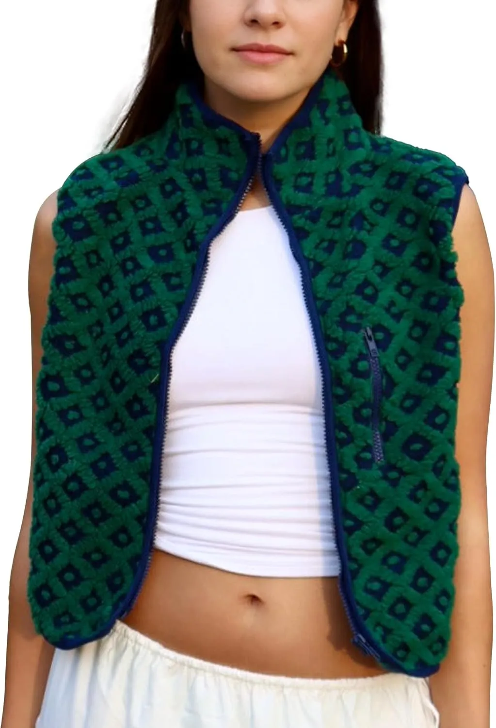 Womens Checkered Sherpa Vest Sleeveless Winter Fleece Jacket High Neck Zip Up Plaid Gilet with Chest Pocket