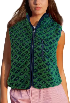 Womens Checkered Sherpa Vest Sleeveless Winter Fleece Jacket High Neck Zip Up Plaid Gilet with Chest Pocket