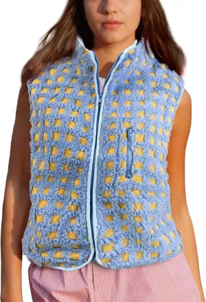 Womens Checkered Sherpa Vest Sleeveless Winter Fleece Jacket High Neck Zip Up Plaid Gilet with Chest Pocket