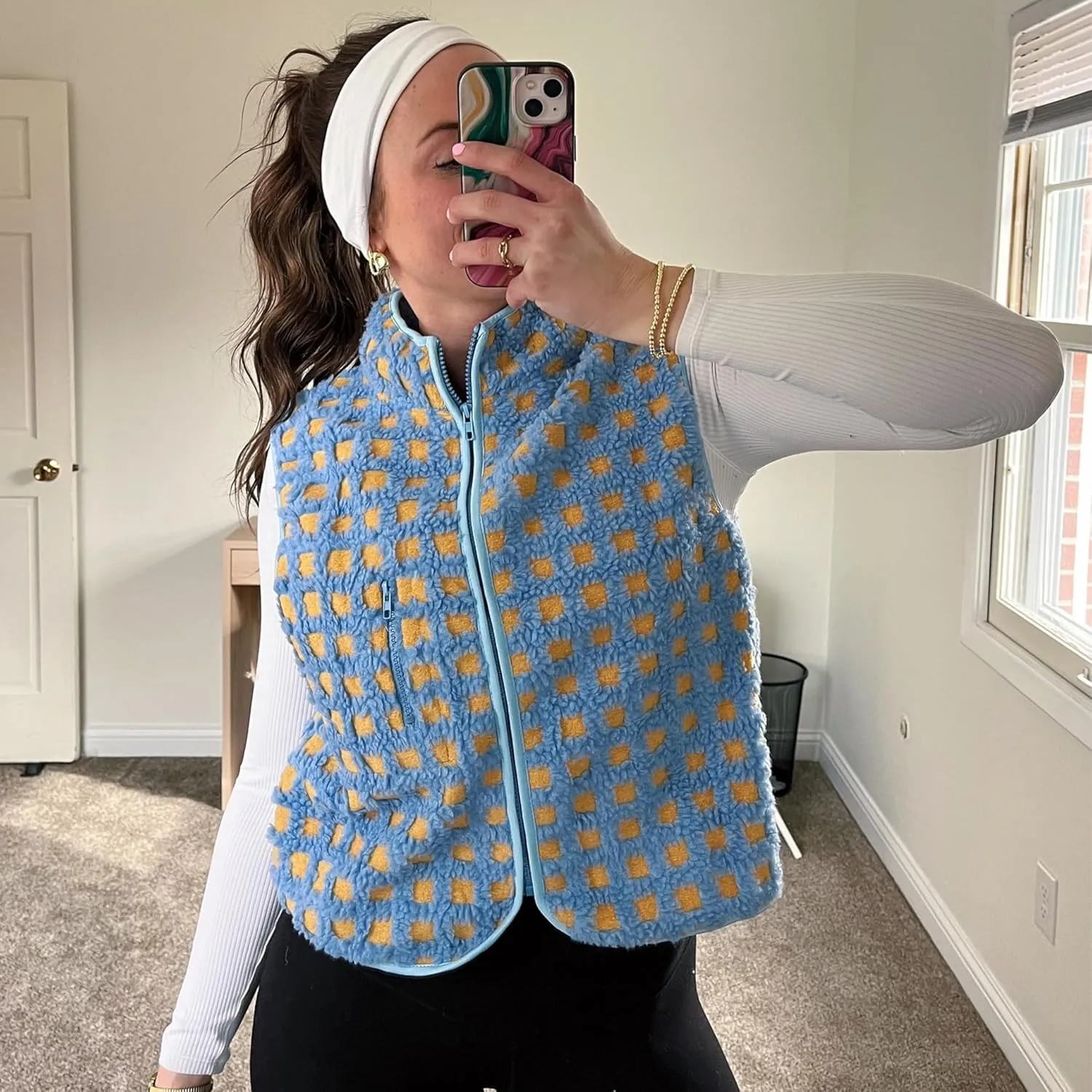 Womens Checkered Sherpa Vest Sleeveless Winter Fleece Jacket High Neck Zip Up Plaid Gilet with Chest Pocket