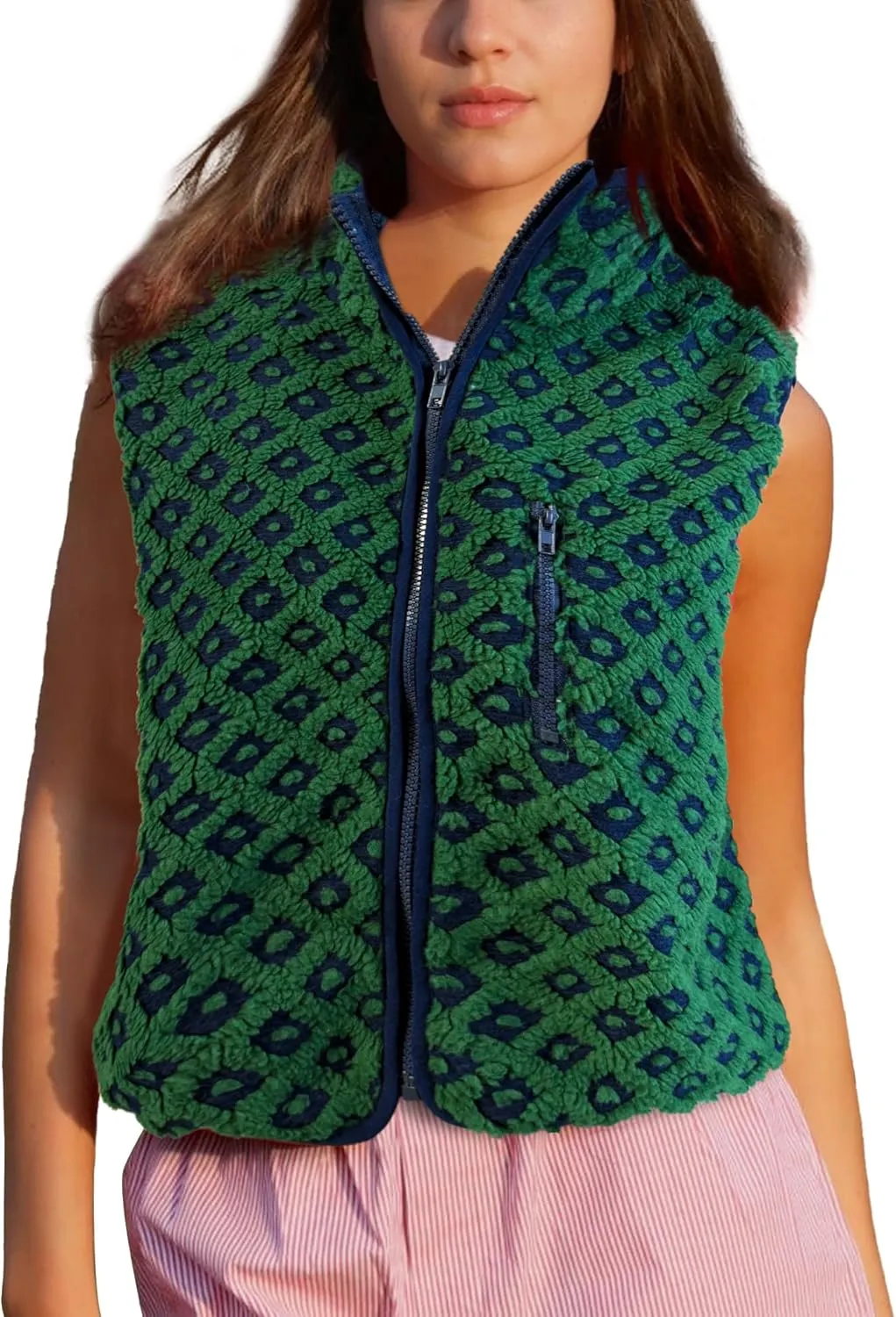 Womens Checkered Sherpa Vest Sleeveless Winter Fleece Jacket High Neck Zip Up Plaid Gilet with Chest Pocket