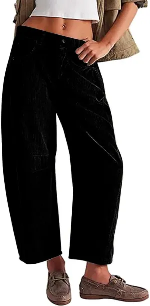 Womens Corduroy Pants Baggy Button Low Rise Wide Leg Barrel Pants Casual Dressy Cropped Ankle Pants with Pockets