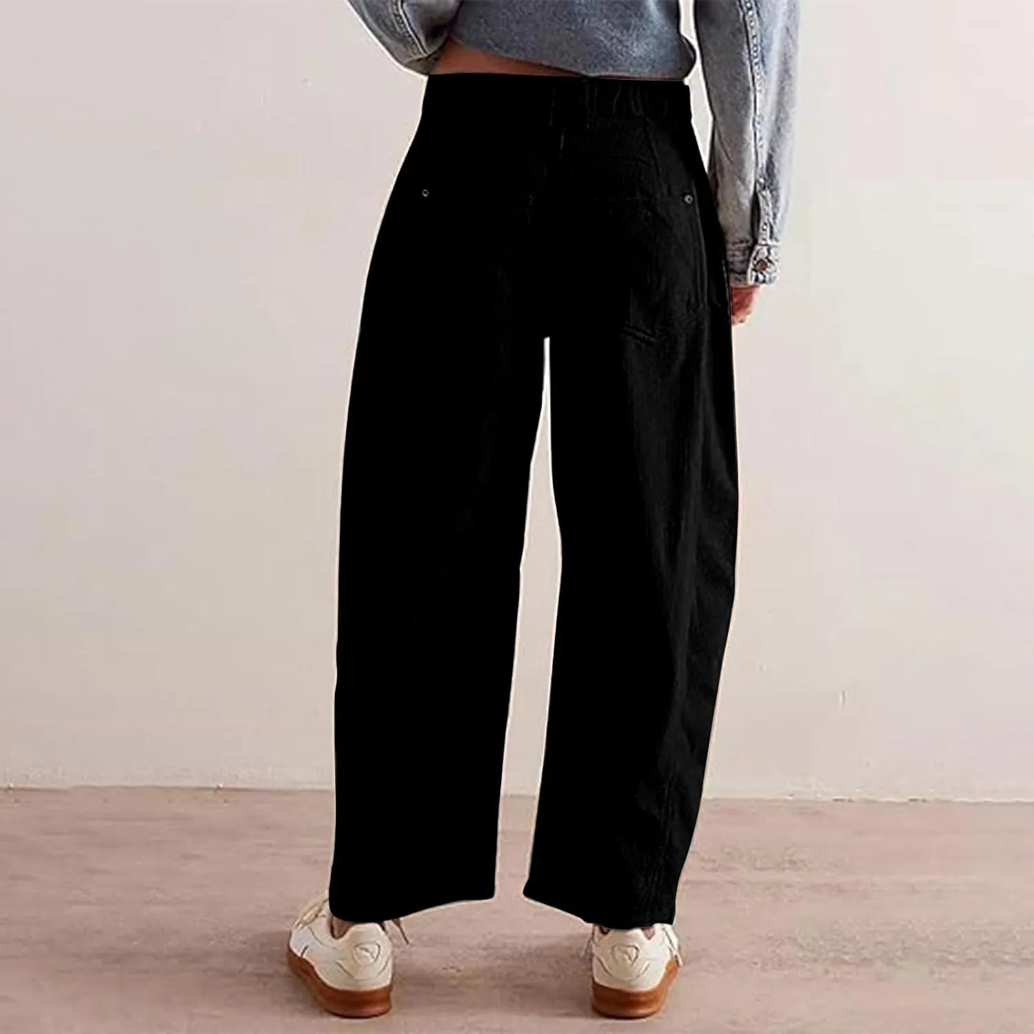 Womens Corduroy Pants Baggy Button Low Rise Wide Leg Barrel Pants Casual Dressy Cropped Ankle Pants with Pockets