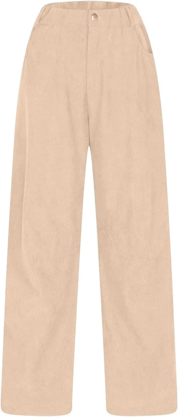 Womens Corduroy Pants Baggy Button Low Rise Wide Leg Barrel Pants Casual Dressy Cropped Ankle Pants with Pockets