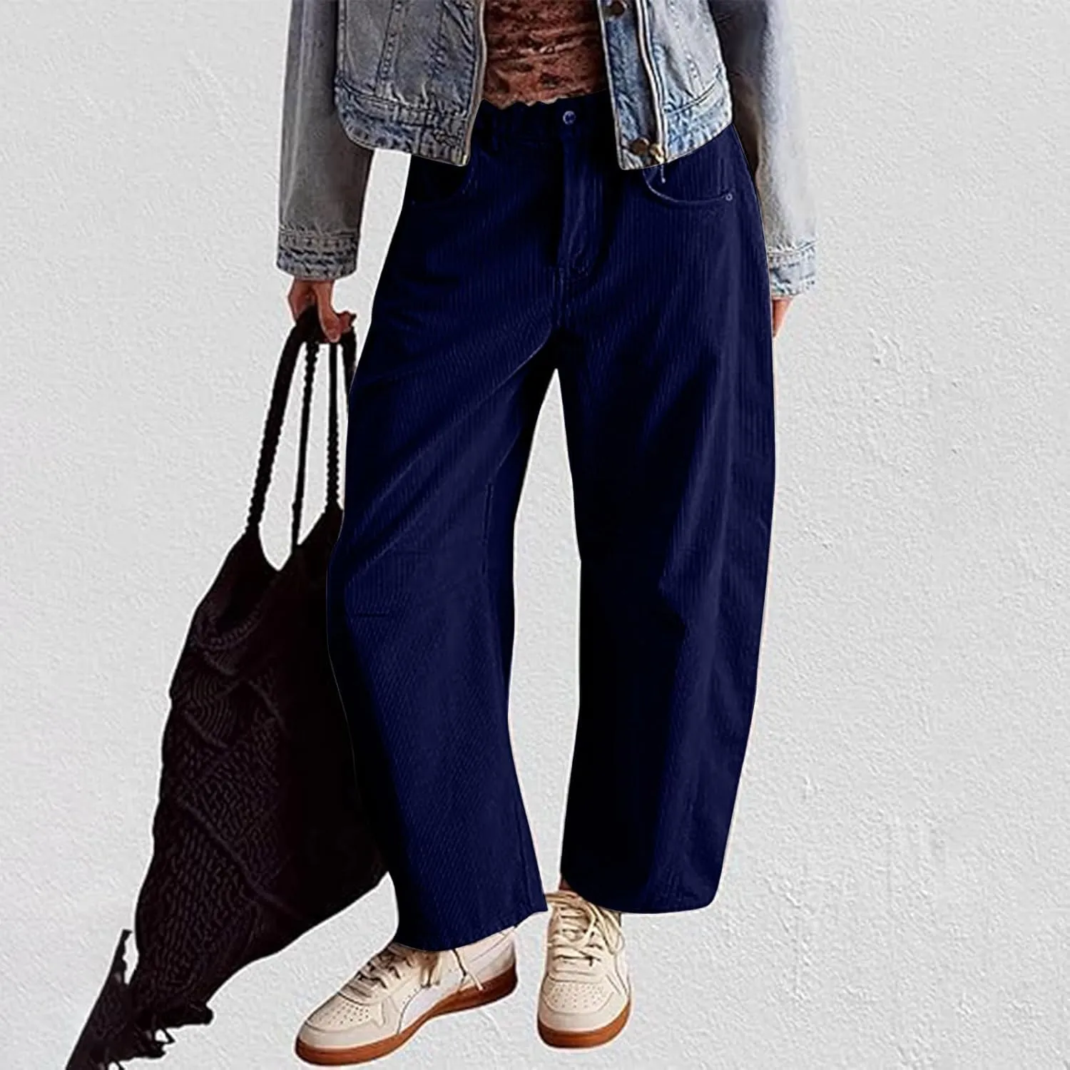 Womens Corduroy Pants Baggy Button Low Rise Wide Leg Barrel Pants Casual Dressy Cropped Ankle Pants with Pockets