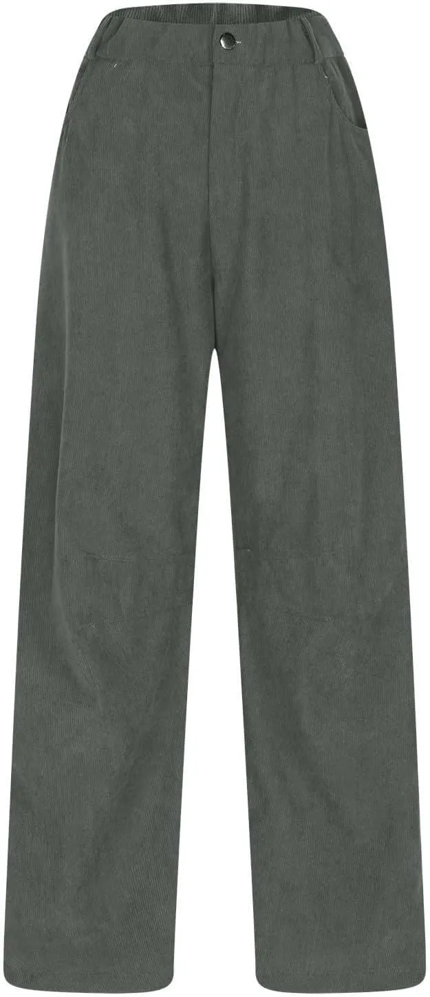 Womens Corduroy Pants Baggy Button Low Rise Wide Leg Barrel Pants Casual Dressy Cropped Ankle Pants with Pockets
