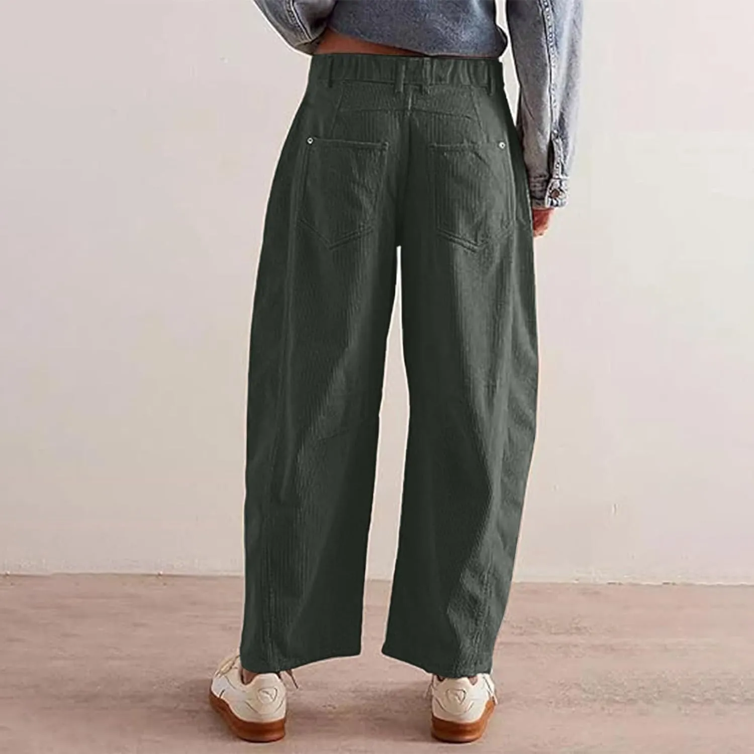 Womens Corduroy Pants Baggy Button Low Rise Wide Leg Barrel Pants Casual Dressy Cropped Ankle Pants with Pockets