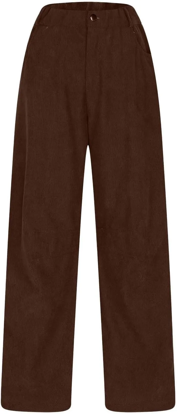 Womens Corduroy Pants Baggy Button Low Rise Wide Leg Barrel Pants Casual Dressy Cropped Ankle Pants with Pockets